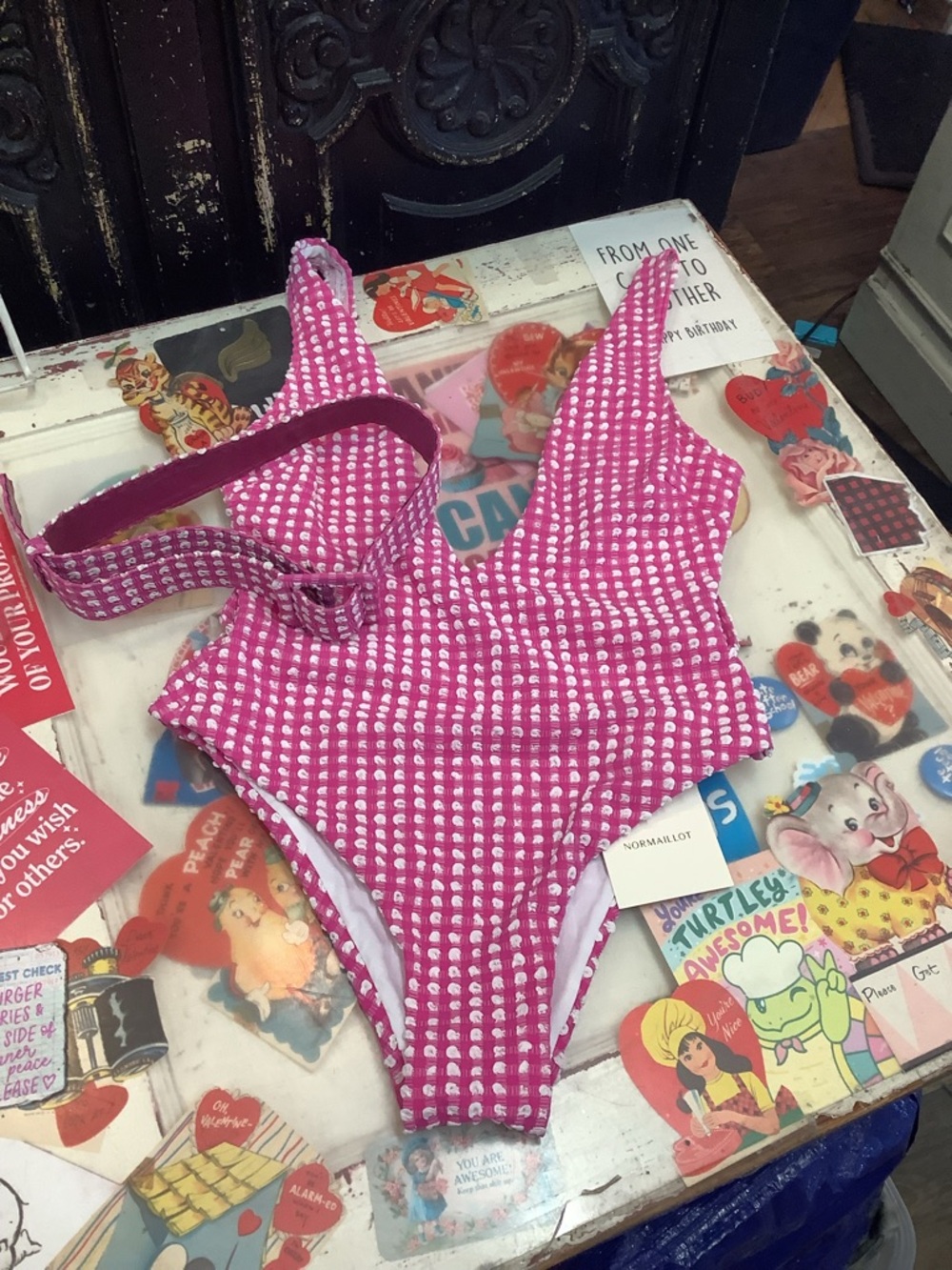 Pink One-Piece Swimsuit with White Dot Pattern
